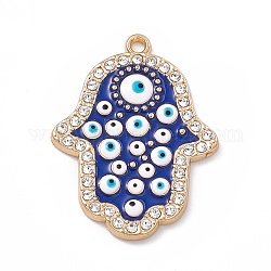 Colgantes de esmalte de aleación, con rhinestone de cristal, amuleto de mano de hamsa azul con mal de ojo, la luz de oro, 34x26x2mm, agujero: 1.8 mm
