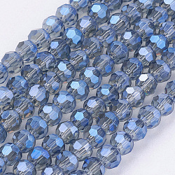 Fili di perle di vetro elettrolitico rotonde sfaccettate (32 sfaccettatura)., blu, circa3 mm di diametro, Foro: 1 mm