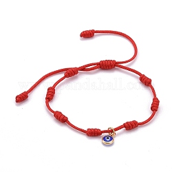 Bracelets à breloques réglables en nylon, lampwork plat rond avec mauvais œil, rouge, diamètre intérieur: 1-3/4~3-5/8 pouce (4.6~9.2 cm)