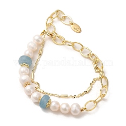 Natural Aquamarine & Pearl Beaded Bracelets, with Brass Chains, Real 14K Gold Plated, 5-7/8 inch(15cm)