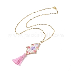 Rhombus Handmade Loom Pattern Glass Seed Pendants Necklaces with Tassel, 304 Stainless Steel Cable Chain Necklaces for Women, Pink, 17.76 inch(45.1cm), 1.5mm