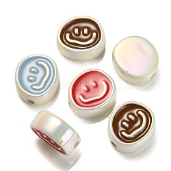 Placage uv perles d'émail acrylique irisé arc-en-ciel, ovale avec motif visage souriant, couleur mixte, 19.5x21.5x9mm, Trou: 3.5mm