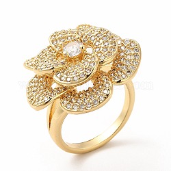 Cubic Zirconia Flower Finger Ring, Real 18K Gold Plated Brass Jewelry for Women, Cadmium Free & Lead Free, Clear, Inner Diameter: 18mm