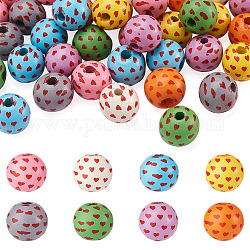 Fashewelry 80Pcs 8 Colors Printed Natural Wood Beads, Round with Heart Pattern, Mixed Color, 15mm, Hole: 3.6mm, 10pcs/color