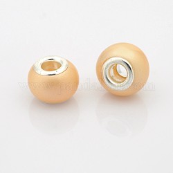 Spray Painted Glass European Beads, Large Hole Rondelle Beads, with Silver Tone Brass Cores, PeachPuff, 14x11mm, Hole: 5mm