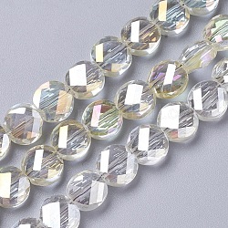 Chapelets de perles en verre électroplaqué, facette, plat rond, plein rinbow plaqué, jaune verge d'or clair, 8~8.5x4~4.5mm, Trou: 1mm, Environ 70~72 pcs/chapelet, 21.2 pouce (54 cm)