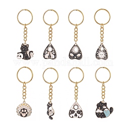 8Pcs Divination Style Alloy Enamel Keychains, with Iron Split Key Rings, Heart & Cat, Mixed Shapes, 7.6~7.9cm