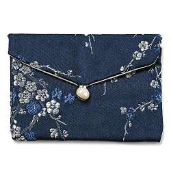 Bolsas de almacenamiento de joyas de tela floral de estilo chino, con botón de plástico, Caja de regalo de joyería rectangular para pulseras., pendientes, anillos, patrón aleatorio, azul medianoche, 8x10x0.3~0.7 cm