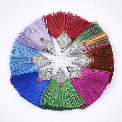 Polyester Tassel Pendant Decorations, with Alloy Findings and Enamel, Fan Shape, Antique Silver, Mixed Color, 45~50x40~44x7~10mm, Hole: 2.5mm