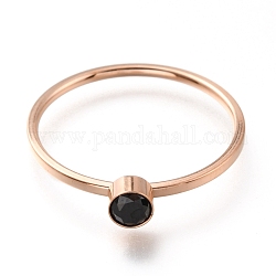 304 Stainless Steel Finger Rings, with Rhinestone, Flat Round, Rose Gold, Jet, US Size 7~7 3/4(17.3~17.9mm)