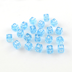 Transparentem Acryl europäischen Perlen, zufällige gemischte Buchstaben, horizontales Loch, großes Loch Würfel Perlen, Licht Himmel blau, 10x10x10 mm, Bohrung: 4 mm, ca. 530 Stk. / 500 g