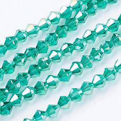 Chapelets de perles en verre, de couleur plaquée ab , facette, Toupie, vert de mer clair, 4x4mm, Trou: 1mm, Environ 92~96 pcs/chapelet, 13.78~14.37 pouce