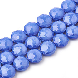 Opaque Solid Color Glass Beads Strands, Faceted, Flat Round, Dodger Blue, 14x8mm, Hole: 1~1.2mm, about 25pcs/strand, 13.77 inch(35cm)