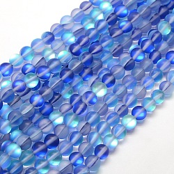 Synthetische Mondstein Perlen Stränge, holographische Perlen, halb a,b Farbe plattiert, matt, Runde, Blau, 6 mm, Bohrung: 1 mm, ca. 60 Stk. / Strang, 15 Zoll