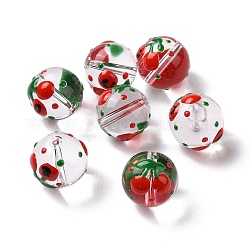 Perles en verre transparentes, avec l'émail, ronde, rouge, motif de cerise, 14~15x13~13.5mm, Trou: 1.5~1.6mm