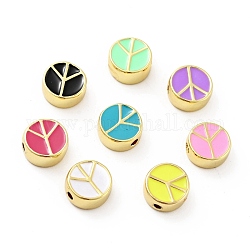 Flat Round with Peace Sign Brass Enamel Beads, Cadmium Free & Nickel Free & Lead Free, Mixed Color, 10x4.5mm, Hole: 1.8mm