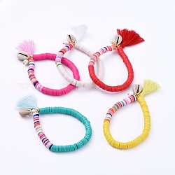 Stretch Charm Bracelets, with Polymer Clay Heishi Beads, Cotton Thread Tassels, Cowrie Shell Beads, Glass Pearl Beads and Brass Beads, Mixed Color, 2-1/4 inch(5.8cm)
