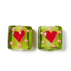 Perles vernissées manuelles, carré avec motif coeur, vert jaune, 16x15x6mm, Trou: 1.8mm