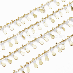 Chaînes de perles de verre faites à la main de 3.28 pied, avec de véritables chaînes de gourmette torsadées latérales en laiton plaqué 18k or véritable, Plaqué longue durée, soudé, gris clair, 2.5x2x1mm, larme, : 10x3x3 mm