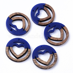 Colgantes de resina y madera de nogal, anillo con el corazón, azul medio, 25x3mm, agujero: 1.8 mm