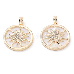 Rack Plating Brass Shell Pendants, with Cubic Zirconia, Long-Lasting Plated, Flat Round with Sun Charms, Real 18K Gold Plated, 20x18x3mm, Hole: 3x2mm