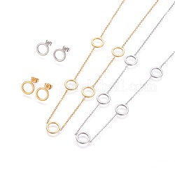 Conjuntos de joyería de 304 acero inoxidable, cadenas de cable collares y aretes, con orejeras / pendiente, anillo, acero color oro y acero, 17.7 pulgada (45 cm), 13x10.5x1mm, pin: 0.7 mm
