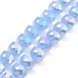 Fili di perle di vetro lastra di colore ab, giada imitato, mezzo tondo sfaccettato, blu fiordaliso, 7~7.5x5mm, Foro: 1 mm, circa 80pcs/filo, 20.87''~21.26'' (53~54 cm)