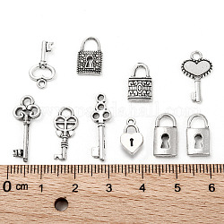 Tibetan Style Alloy Charms, Key and Lock, Mixed Style, Lead Free, Antique Silver, 10~21.5x6.5~10x2~3mm, Hole: 1~4mm, 10pcs/set