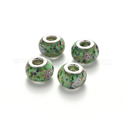 Perles européennes vernissées manuelles, perles de rondelle avec grand trou , avec double noyau en laiton scintillant et poudre de platine, vert de mer moyen, 14x9~10mm, Trou: 5mm