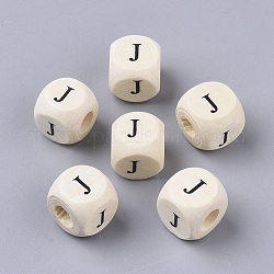 Perle di legno naturale stampate, foro orizzontale, cubo con lettera iniziale, papayawhip, letter.j, 10x10x10mm, Foro: 3.5 mm, circa 1000pcs/500g