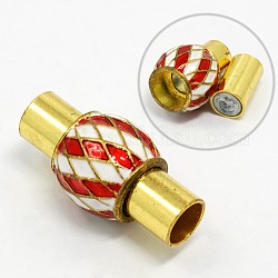 Alloy Enamel Magnetic Clasps, Column with Barrel, Golden Metal Color, Red & White, 25.5x13mm, Hole: 6mm