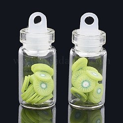 Handgemachte Polymer Clay Nagelkunstdekoration Zubehör, mit Glaswunschflasche und Ccb-Flaschenverschluss, Kiwi, grün gelb, 4~8x4~8x0.1~2 mm, über Flasche: 27.5x11mm, Bohrung: 3 mm