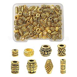 Perline in lega di stile tibetano 80 pz 8 stili, perline con foro grande, forme misto, oro antico, 4~9.5x3.5~6.5mm, Foro: 1~3.5 mm, 10pcs / style