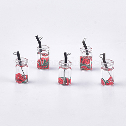 Anhänger Glasflasche, mit Harz, Kunststoff- und Eisenfunde, Früchtetee-Charme, Platin Farbe, rot, 25~28x10 mm, Bohrung: 1.8 mm