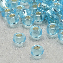 8/0 grade a perles de rocaille en verre rondes, Argenté, lumière bleu ciel, 8/0, 3x2mm, Trou: 1mm, environ 10000 pcs / livre