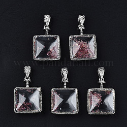Pendentifs carrés en verre transparent, avec des perles d'agate druzy à l'intérieur et des accessoires en laiton, platine, rose foncé, 39x27x14mm, Trou: 9mm