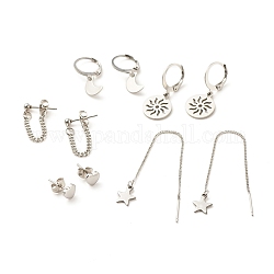 5Pcs 5 Style 201 & 304 Stainless Steel Earrings Sets, Moon and Sun Dangle Leverback Earrings, Chains Drop & Heart Stud Earrings, Star Ear Thread, Stainless Steel Color, 6~83mm, Pin: 0.6mm, 1 Pair/style