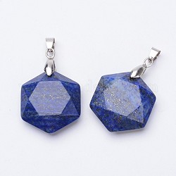 Facettes lapis naturelles pendentifs lazuli, avec les accessoires en laiton de tonalité de platine, hexagone, 28x25x9mm, Trou: 4x5mm
