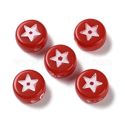 Perles acryliques opaques imprimées par pulvérisation, plat rond et étoiles, rouge, 7x3.5mm, Trou: 1.4mm, environ 4000 pcs/500 g