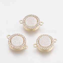 Natural Druzy Agate Links connectors, with Brass Finding and Cubic Zirconia, Flat Round, Golden, AB Color Plated, 15.5~16x11x4mm, Hole: 1.2mm