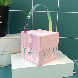 Confezione regalo quadrata in cartoncino con stampa love, borse per caramelle nuziali con manico in similpelle, roso, 10.2x10.2x10cm