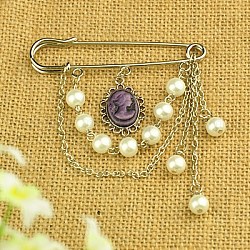 Fashion Tibetan Style Brooches, with Glass Pearl Beads, Resin Cabochons, Iron Chains and Iron Kilt Pins, White, 85mm