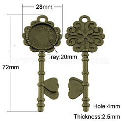 Supports de cabochon de pendentif de style tibétain, Sans cadmium & sans nickel & sans plomb, clé, bronze antique, 72x28x2.5mm, Trou: 4mm, Plateau: 20 mm