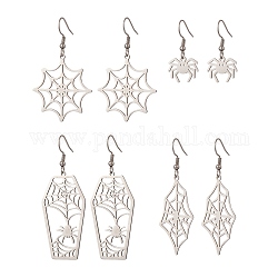4 paire 4 style araignée & cercueil & web 201 boucles d'oreilles pendantes en acier inoxydable, 304 bijoux en acier inoxydable pour halloween, couleur inoxydable, 30~63mm, pin: 0.7 mm, 1 paire/style