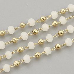 Chaînes de perles en verre manuels, soudé, avec bobine, avec accessoires en laiton plaqué 18k or véritable, sans nickel, linge, 3x2mm, perle en laiton: 2 mm, environ 82.02 pied (25 m)/rouleau
