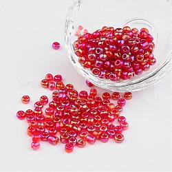 6/0 Transparent Rainbow Colours Round Glass Seed Beads, Red, Size: about 4mm in diameter, hole:1.5mm, about 495pcs/50g
