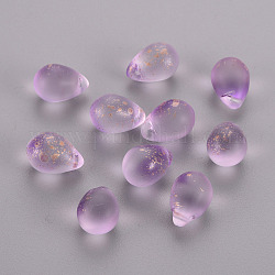 Two Tone Transparent Spray Painted Glass Charms, with Gold Foil, Frosted, Teardrop, Plum, 14x10x10mm, Hole: 1mm
