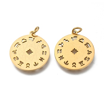 201 Stainless Steel Pendants, Flat Round with Constellation, Golden, 22.5x19.5x1mm, Hole: 3mm
