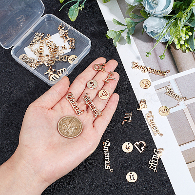 SUNNYCLUE 1 Box 3 Sets 36pcs Gold Zodiac Charm Alloy Twelve Constellation Sign Word Epoxy Resin Fillers Virgo Scorpio Libra Leo