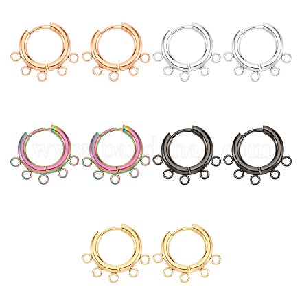 DICOSMETIC 10 Pairs 5 Colors Huggie Hoop Earring Stainless Steel Hoop Earring Findings with 5 Loops Black/Gold/Rose Gold/Rainbow Color Round Leverback Earring Hooks for Earring Making STAS-DC0011-06-1